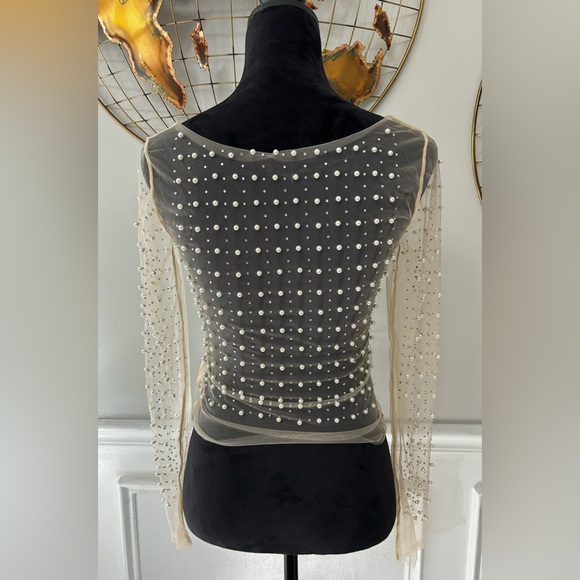 [NWT] Women's Pearl Rhinestone See Through Long Sleeve Mesh Blouse - Picture 5 of 8